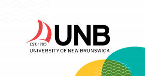 University of New Brunswick logo with red sail graphic and text reading 'UNB Est. 1785' on a white background with colorful abstract shapes