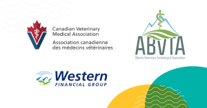 Logos for Canadian Veterinary Medical Association, Alberta Veterinary Technologist Association, and Western Financial Group
