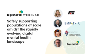 Webinar banner with headshots of the panelists and the webinar title 'Safely supporting populations at scale amidst the rapidly evolving digital mental health landscape'
