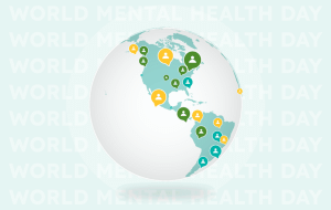 Animation of a globe slowly spinning over a faint repeating 'World Mental Health Day' background, with speech bubbles containing people icons popping up across continents around the world, representing real voices being heard.