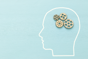 Outline of a human head on a light blue background with interlocking gears inside the brain area, symbolizing thinking.