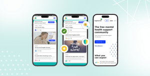 Image showing three phones screens with mockups of the Togetherall community. On top of the phone images there are some icons representing clinical safety, escalations and clinical expertise.