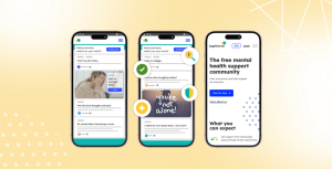Image showing three phones screens with mockups of the Togetherall community. On top of the phone images there are some icons representing clinical safety, escalations and clinical expertise.