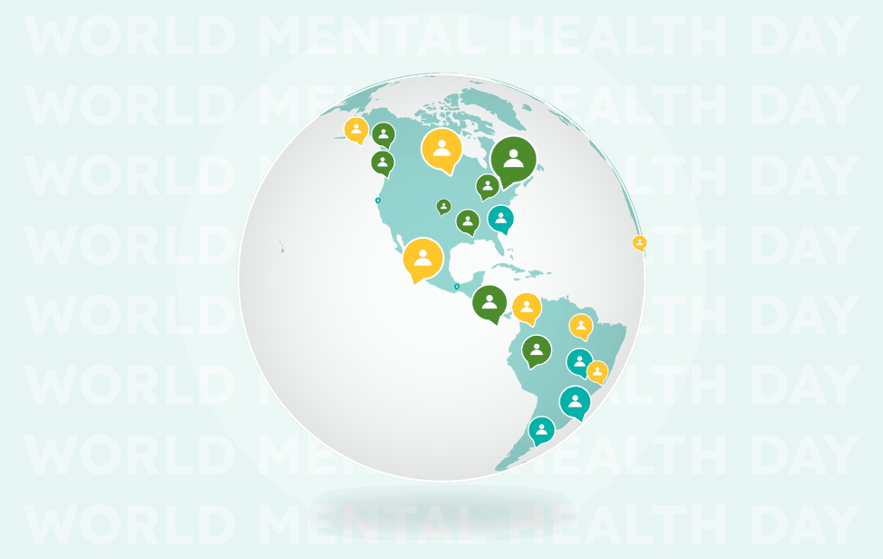Animation of a globe slowly spinning over a faint repeating 'World Mental Health Day' background, with speech bubbles containing people icons popping up across continents around the world, representing real voices being heard.