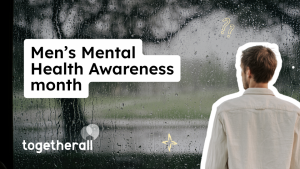 Image of a window with rain and a man looking away, text saying "Men’s Mental Health Awareness month"