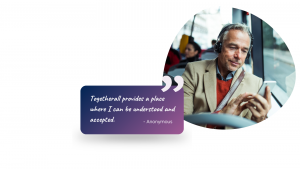 Image of man on a bus with a testimonial saying "Togetherall provides a place where I can be understood and accepted"