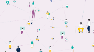 Flat-style illustration on a lavender background showing a diverse network of people scattered across the scene — standing, sitting, walking, using phones and laptops — connected to one another by thin dotted lines, representing a community network.