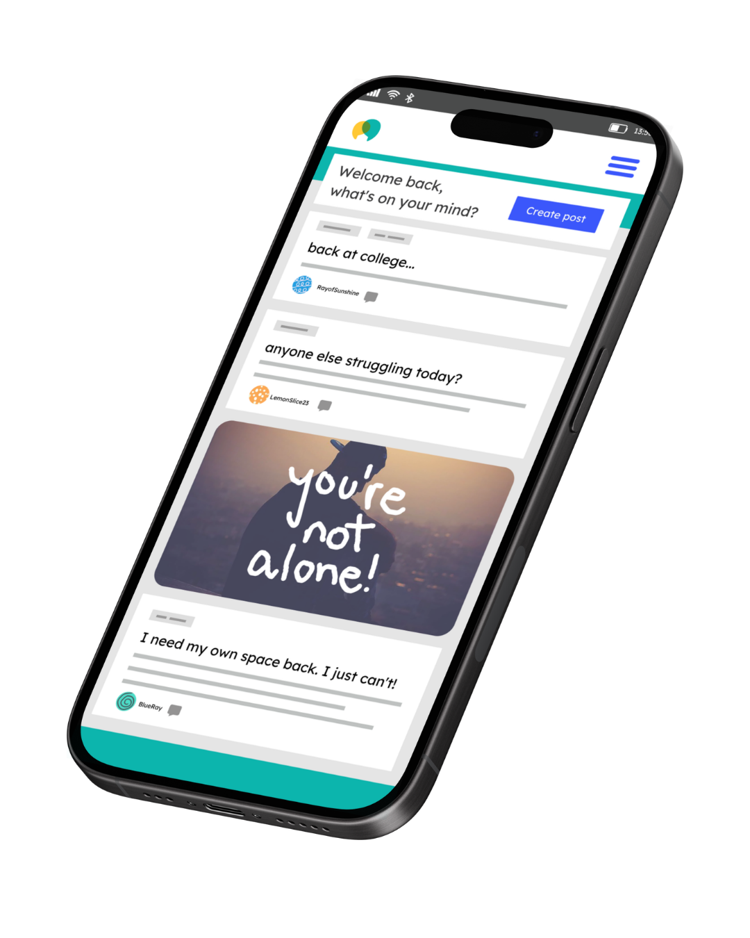 Mockup of a smartphone with the togetherall platform on the screen.