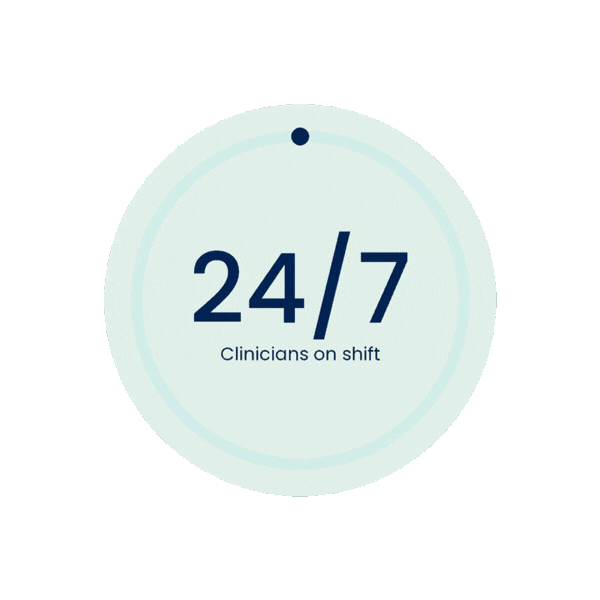 A ring circles continuously around the words 24/7, clinicians on shift.