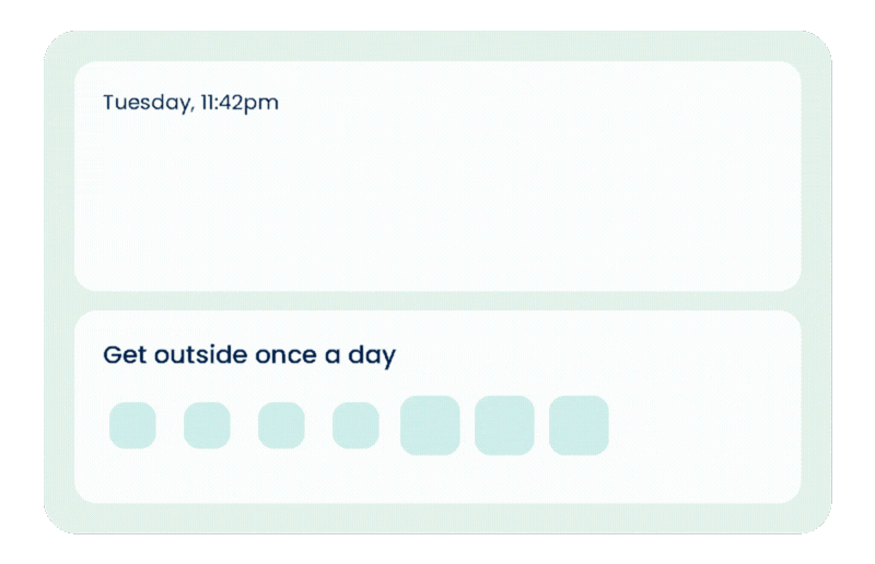 A journal entry dated Tuesday, 11:42pm fills with writing and is marked private to you, then a goal called 'Get outside once a day' fills in four of seven days."
