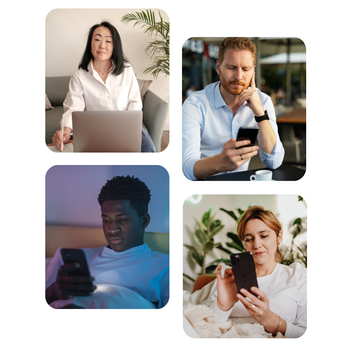 Four people using phones and laptops alone — at a desk, in a café, and in bed at night