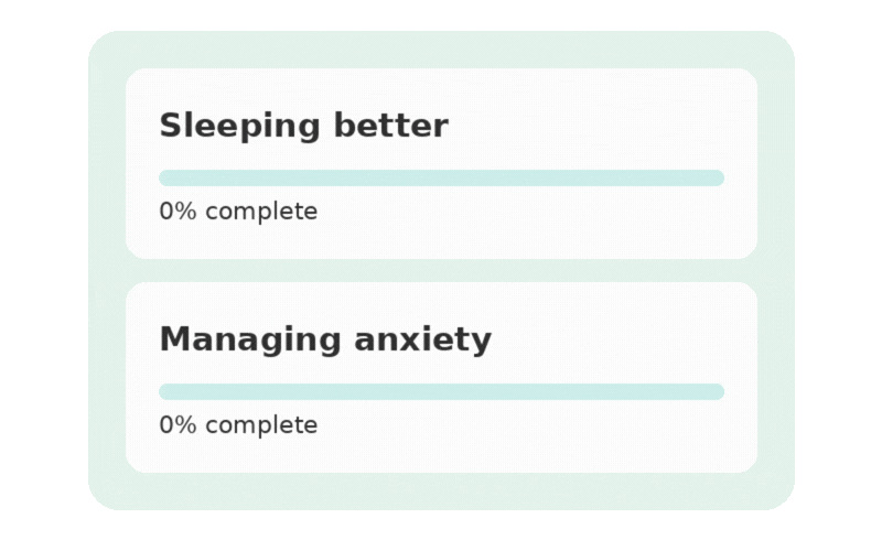 Two example courses with progress bars filling: Sleeping better reaches 60% complete, and Managing anxiety fills to 100% and is marked complete.