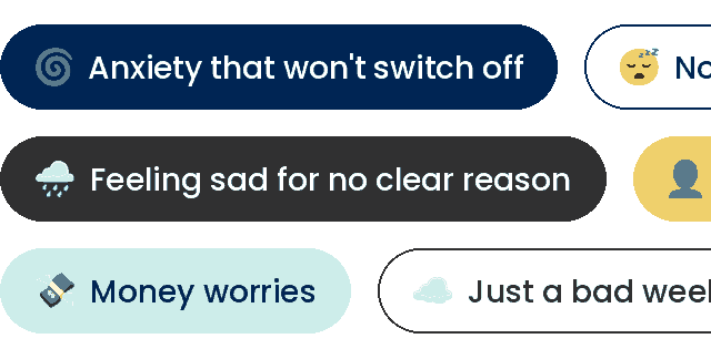 Rows of text bubbles scroll past, each naming something people bring to Togetherall: not sleeping, anxiety that won't switch off, feeling sad for no clear reason, money worries, loneliness, and just a bad week."