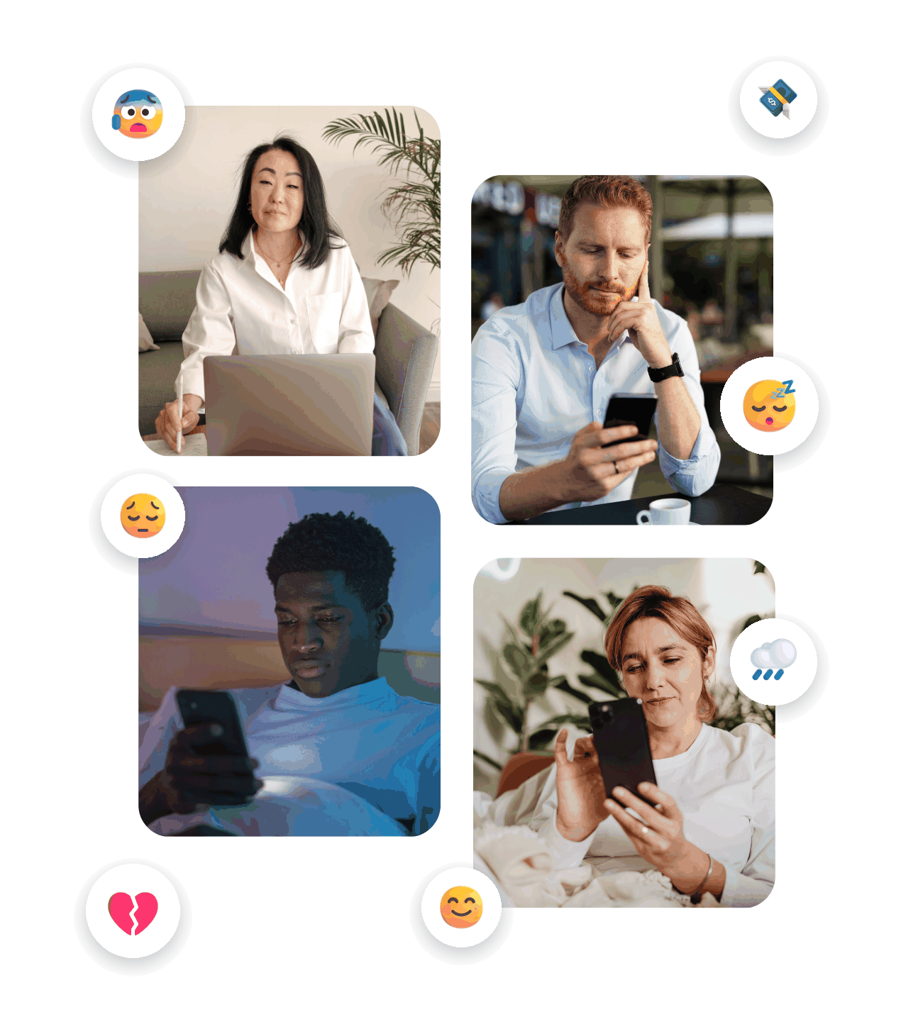 Four photos of people using phones and laptops, surrounded by floating emoji representing common struggles — anxiety, money worries, trouble sleeping, loneliness, low mood, heartbreak — alongside a smiling face, illustrating the range of people Togetherall supports.