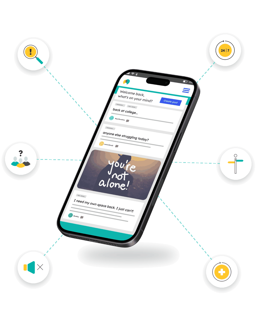 Phone screen displaying Togetherall with floating icons around representing clinical safety.