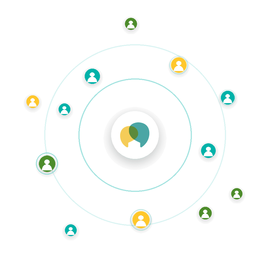 "Animation of the Togetherall logo at the center of concentric rings radiating outward, with icons representing people lighting up as each ring reaches them, illustrating continuous, always-on population-level support.