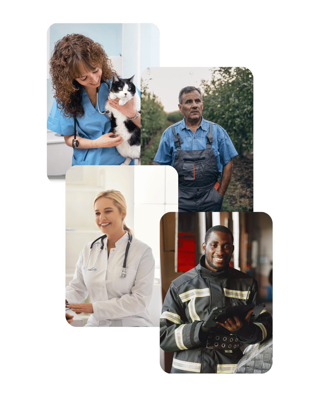 Collage of workers across industries Togetherall supports: a veterinary nurse, a farmer, a doctor, and a firefighter.