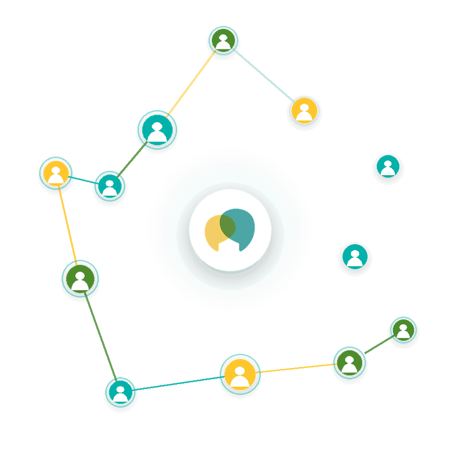 Animation of diverse people icons connecting to each other with lines that form and fade in a continuous cycle, with the Togetherall logo at the centre glowing softly as each connection forms, illustrating a peer support community fostered by the platform