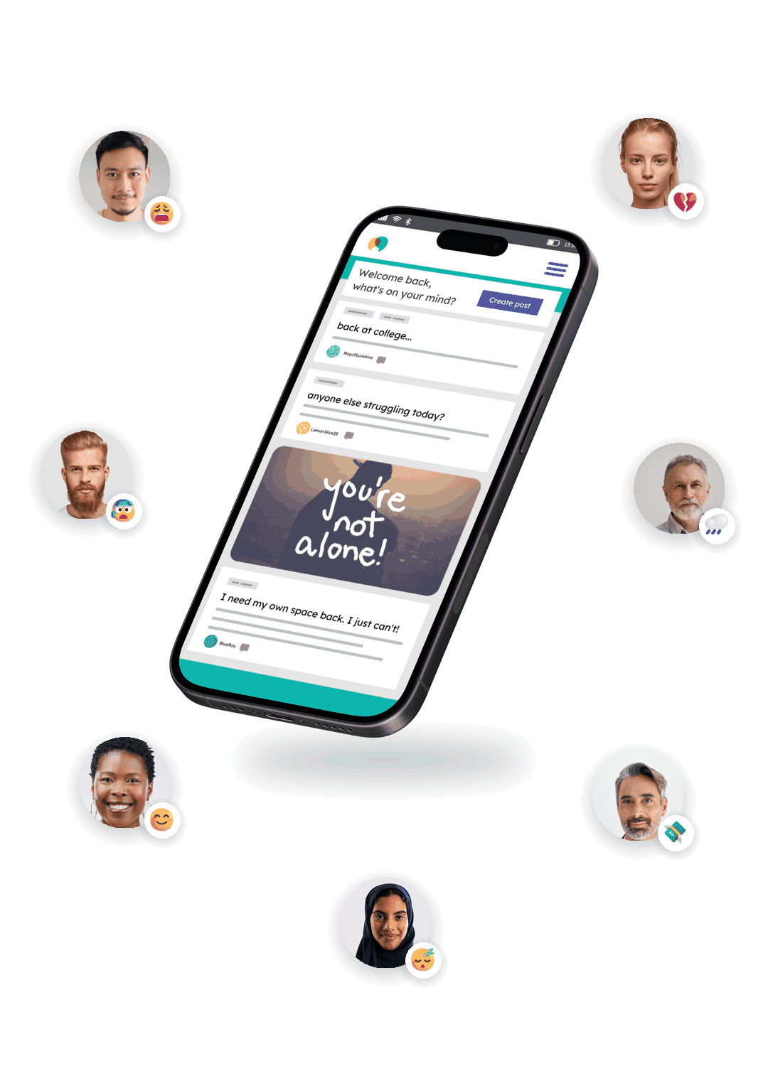 Phone mockup surrounded by seven circular profile photos of diverse people, each with a small emoji badge showing a mood or experience — including anxiety, heartbreak, low mood, money worries, trouble sleeping, and one smiling — representing the range of people using Togetherall